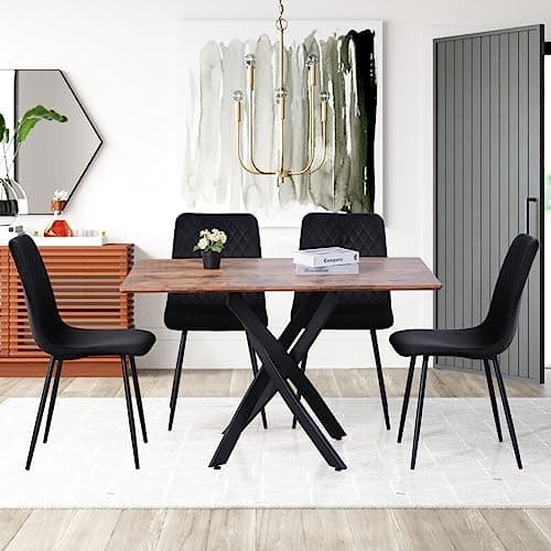 GOLDFAN Ensemble Table et 4 Chaises Bois Table de Salle à Manger avec 4 Chaises en Tissus Confortables,Table en Bois et Chaise de Salle à Manger de Cuisine pour 4 Personnes (4,Noir)