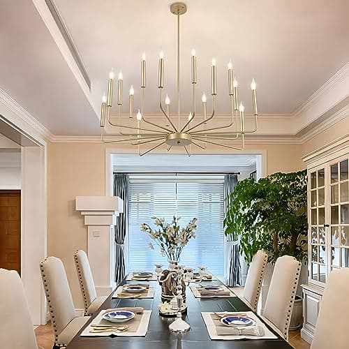 Lustres Dorés Modernes, Éclairage De Lustre Industriel En Métal À 16 Lumières, Suspension À Bougie Classique Pour Îlot De Cuisine, Salle À Manger, Salon, Entrée, Escalier E14 (Ampoules Non Incluses)