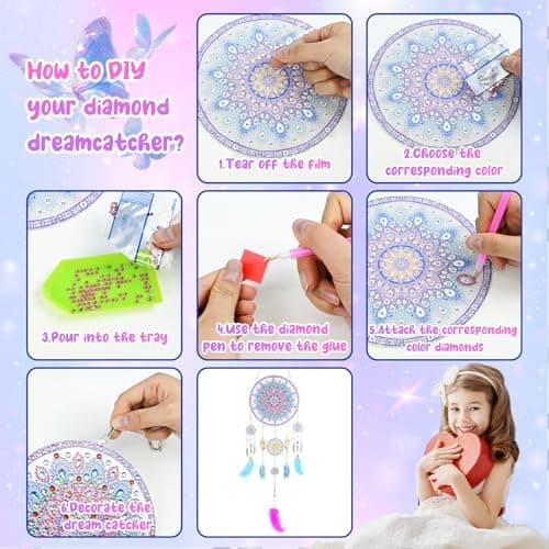 Ulikey Kit Diamond Painting Enfant, Kit de Bricolage Dreamcatcher, Bricolage Enfant, Pendentif et Cloche avec Plume, Capteur de Rêves, Activité Détente et Créative Enfants à Partir de 5 Ans (Style 2)