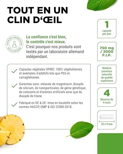 Bromélaïne Intenso - 750 mg (2000 F.I.P) - 120 gélules gastro-résistantes - Extrait naturel d'ananas - Testé en laboratoire - Vegan - Hautement dosé