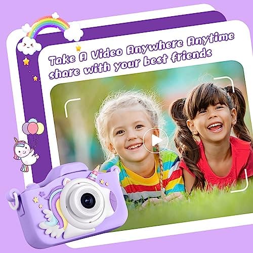Appareil Photo Enfant 3-12 Ans, 48MP Appareil Photo 1080P Vidéo HD Appareil Photo Enfant Rechargeable Caméscope, Cadeau Jouet Filles Garçons 3 4 5 6 7 8 9 10 Ans, 32G SD Carte et Licorne Étui Silicone