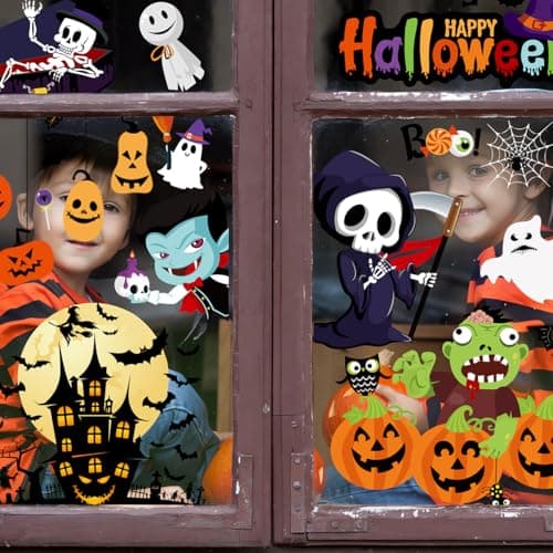 Zindoo Halloween Decoration Stickers Fenetre d'halloween 9 feuilles 101 Pièces Autocollants de Fenêtre d'halloween pour enfants, Mignon Enfantin Impression Recto-Verso pour Vitres Portes Miroirs