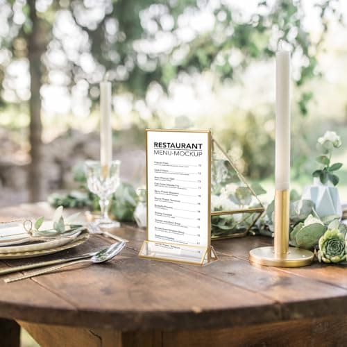 Natuce Lot de 6 Présentoirs de Table en Acrylique, 18 x 10,7cm, Cadre Photo Double Face Transparent avec bord Dorées, pour Menu de Restaurant, Numéros de Table de Mariage, Photo, Publicité, Réception