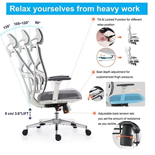HOLLUDLE Chaise de Bureau Ergonomique avec Dossier Adaptable, Fauteuil D'ordinateur avec Accoudoirs 4D, Profondeur D'assise Réglable, Soutien Lombaire et Appui-tête 2D, Siège de Travail, Blanc