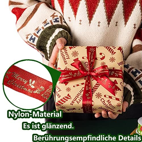 20 Yards Ruban Noel, 2 Rouleaux Ruban de Noel Vert/Rouge, Ruban Cadeau de Noël, 20mm de Large Avec Motif de Noël Pour Emballer Les Cadeaux de Noël (10 Yards/Rouleaux)