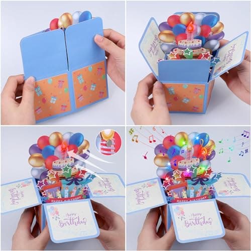 JIZZU Carte d'anniversaire Musicale, Pop-up 3D Carte Anniversaire avec Bougie à Souffler Music Lumière, Carte d'anniversaire pop-up 3D avec Enveloppe pour Femmes Hommes Filles Amis Mères