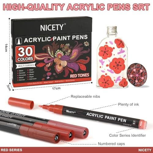 NICETY 30Pcs Feutre Acrylique - marqueur peinture acrylique Verre pour Bois, Toile, Verre, Céramique - Acrylic Paint Marker à base d'eau à 0,7 mm Extra Pointe Fine (Rouge)