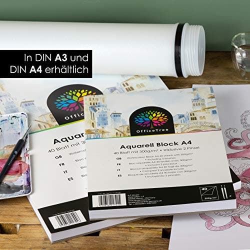 OfficeTree 40x Papier Aquarelle A3 300g avec 2 Pinceaux - Feuille Aquarelle A3 - Papier Aquarelle 300g - Bloc Aquarelle - Papier pour Aquarelle - Papier Dessin A3 - Watercolor Paper - Bloc Dessin A3
