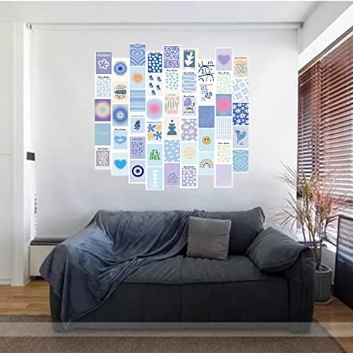 HsentimenH 50 Pièces Images Esthétiques de Collage Mural, Kit de Collage Mural Aesthetic Bleu, Impression de Collage de Carte, Décoration de Chambre pour Filles Chambre, Dortoir, Affichage de Photos