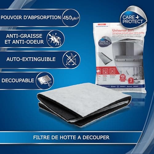 CARE+PROTECT Filtre de Hotte Aspirante - Universel 2 en 1 - à Charbons Actifs - Anti-Odeur et Anti-Graisse - Capacité D'absorption Supérieure - Découpable sur Mesure - 47 x 57 cm