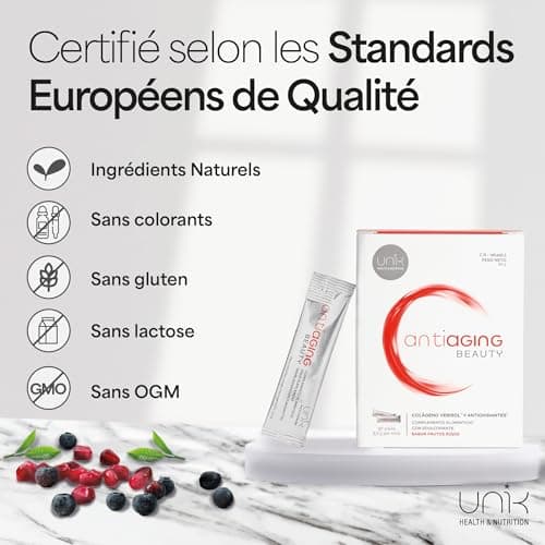 Collagène VERISOL en Poudre + Acide Hyaluronique + Vitamine C | Complément Anti-Âge pour Peau Cheveux Ongles | 30 Sticks Saveur Fruits Rouges