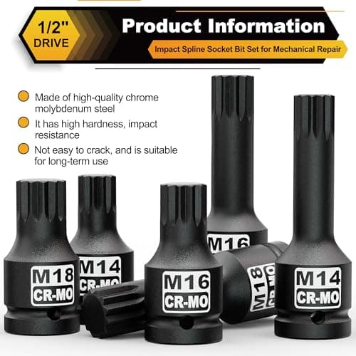 KIRXST Jeu de Dent Multiple à Choc 1/2", Lot de 6 Douilles à Impact XZN, XZN à Choc M14 M16 M18, Cr-Mo, pour Clé à Chocs Pneumatique, Electrique