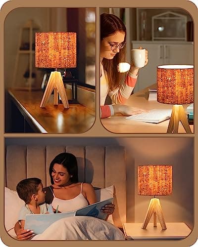 EDISHINE Lampe de Chevet en Bois, E27 Douille, Trépied Vintage, Ampoule Incluse, 36 x 20 x 20 cm, Lampe de Table Moderne pour Chambre à Coucher, Salon, Hôtel, Abat-jour en Lin Gris