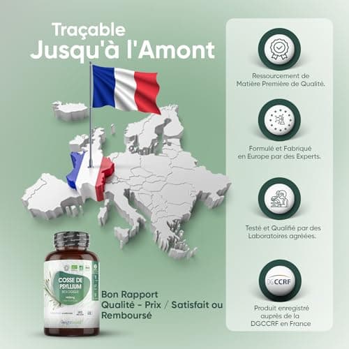 Psyllium Blond Bio 180 Gélules (3 Mois) - Téguments purs à 99%, Transit & Digestion - Source de Fibres prébiotiques - 1400mg de Psyllium Husk - Alternative au Psyllium en poudre - Fabriqué en UE