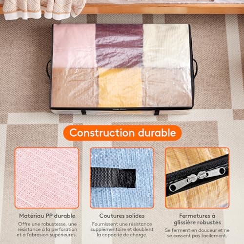 Lifewit Lot de 4 Sac de Rangement Transparent 60L, Boite Rangement Sous Lit Pliable avec Poignées, Sac de Rangement Vetement en PP pour Demenagement, Vêtements, Couvertures, Housse de Couette, Jouets