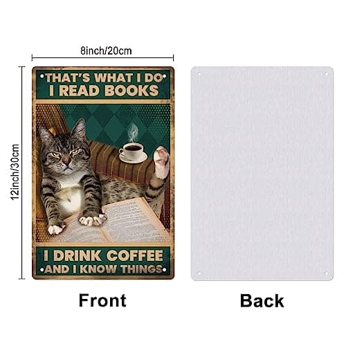 GLOBLELAND Les Chats lisent des Livres en métal rétro d'art Panneaux d'affiches rétro Je lis Un Livre pour Boire Un café Les Murs en métal décorés en Fer 8x12inch adaptées à la Cuisine décoration