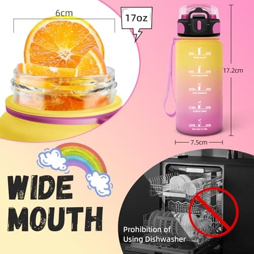 Gourde Enfant, Gourde 500ml avec Paille, Gourde Plastique avec Slogan de Motivation, Gourde Heure anti Fuite, Facile à Nettoyer, Bouteille Paille pour Extérieur, Randonnée, Maternelle, Jaune-Rose