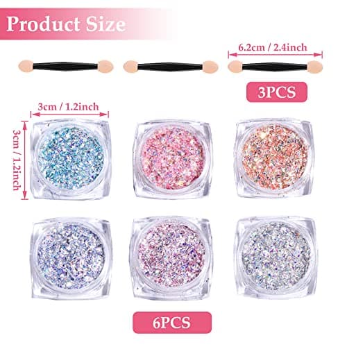 6 boîtes de poudre de paillettes pour ongles, poudre de paillettes avec pinceau éponge, paillettes exquises pour nail art, corps, visage, décoration de festival