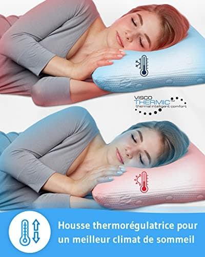 Coussin à Mémoire de Forme GIANFAR | Oreiller Cervical Orthopédique et Ergonomique | Mousse Viscoélastique | Idéal pour Dormir sur Le Côté | Taie avec Thermorégulation | 60x40x12/10cm