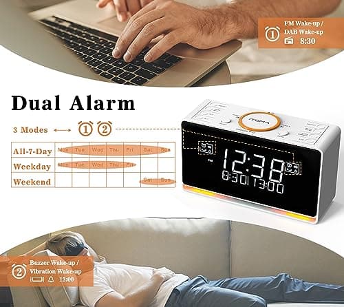 iTOMA Réveil Radio Dab et FM avec 40 presets, Bluetooth, Double Alarme, minuterie de Sommeil, contrôle de Gradation, Chargeur USB et Prise Casque 728