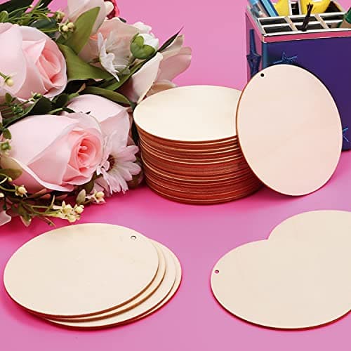 Kurtzy Tranche de Bois Percée (Lot de 50) - Rondin de Bois 10 cm et 2,5 mm d’Épaisseur - Rond Bois Naturel Vierge pour l’Artisanat, les Plaques, les Décorations de Maison et les Ornements