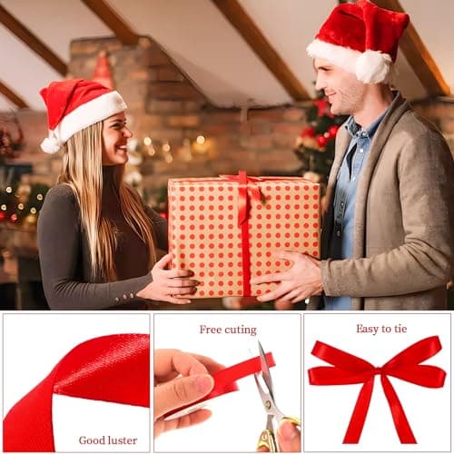 2 Rouleaux Ruban Rouge Noel, 1.2cm X 22m Ruban Satin Rouge Ruban Cadeau Noel, Noeud Rouge Noel pour Emballage Cadeau Noël Fête Mariage Valentin Gâteau Bouquet Faire