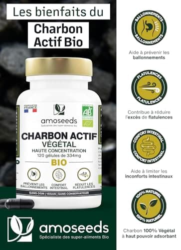 Charbon Actif Végétal BIO | Haute Concentration, 2000mg / Jour | 120 gélules de 334mg | Ballonnements, Flatulences | Qualité Supérieure, Français