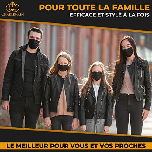 Masque chirurgical Charlemain 50x, Noir, MADE IN GERMANY, EN 14683 type IIR, certifié CE, protection buccale et nasale médicale, BFE > 99%, 3 plis, résistant aux éclaboussures, inodore, sans latex