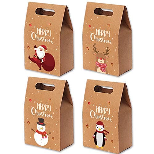 12 Pièces Boîtes Cadeau de Noël en Papier Kraft, Boite Cadeau Noel Vide, avec le père Noël, le Wapiti, le Bonhomme de Neige, le Motif de Pingouin, pour les Cadeaux de Bonbons de Fête de Noël