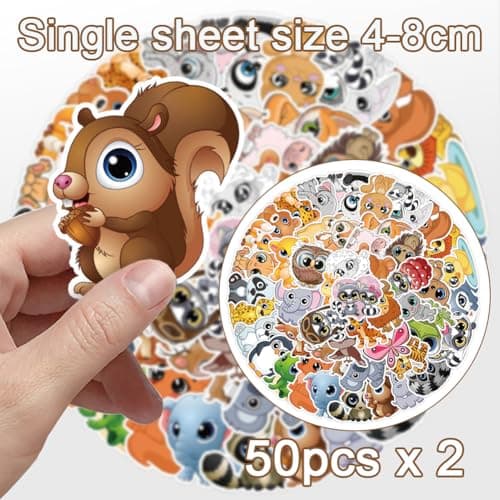 100 Autocollants Animaux Enfants,Reusable Stickers,Stickers Étiquette Adhésif Bricolage Enfant, Fun Animaux Stickers pour Adultes Ado Enfants,Portable Scrapbooking Skate Tablette Telephone Stickers