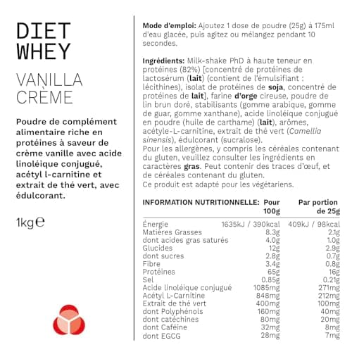 PhD Nutrition Diet Whey Poudre de protéines 1kg Crème vanille, Poudre de protéines High Protein pauvre en calories pour compléter le régime avec 16g de protéines par portion