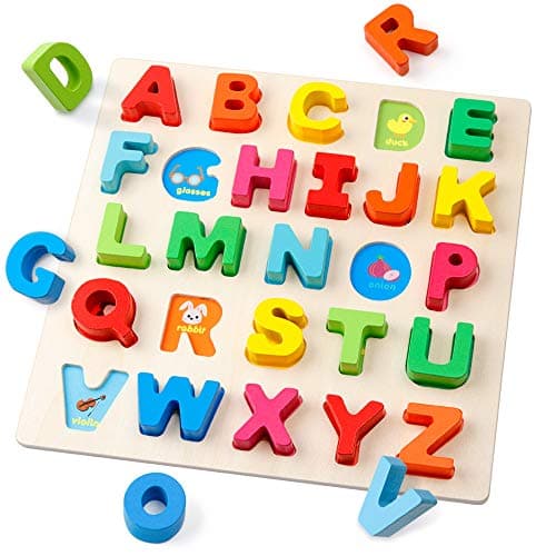 Coogam Puzzle Alphabet en Bois Panneau à Lettres ABC Bouton Blocs de Puzzle Montessori Apprentissage précoce Cadeau Jouet éducatif pour 1 2 3 Ans Bambin bébé Enfants