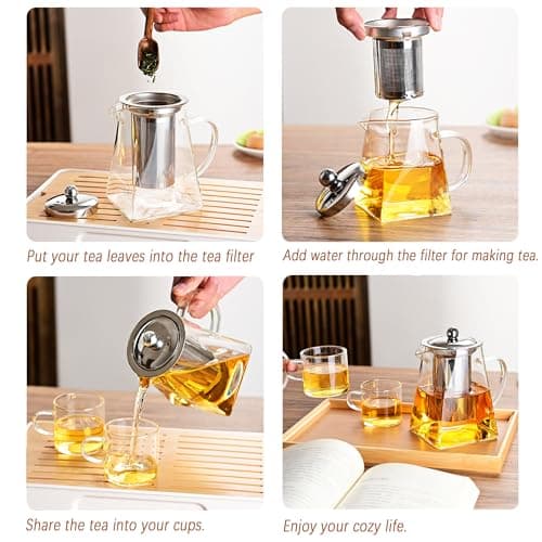Théière en Verre avec Infuseur Amovible, Teapot Bouilloire 750 ML en Verre Borosilicate Transparente et Classique, Passoire et Couvercle en Acier Inoxydable 304