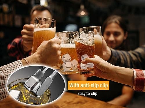 Hitopin Glaçons en Acier Inoxydable, 16PCS Glacons Réutilisables, Glaçons Whisky, avec Clips+Cuillère, Whisky en Acier Inoxydable Glaçons, pour Refroidissement du Vodka Vin Bière Whisky Cocktail