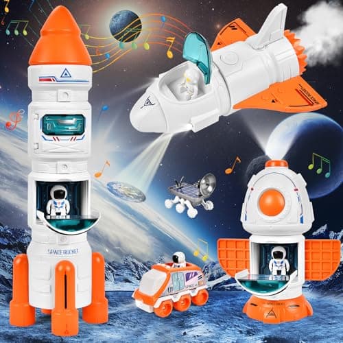 Aragallant Fusée Jouet Espace, Fusée Spatiale Jouet, Navette Spatiale Espace Jouet, Space Shuttle Kit avec Effets Sonores et Lumineux, Astronautes, Satellite, Jouet Construction éducatif pour Enfants