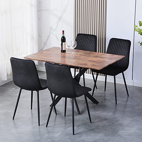 GOLDFAN Ensemble Table et 4 Chaises Bois Table de Salle à Manger avec 4 Chaises en Tissus Confortables,Table en Bois et Chaise de Salle à Manger de Cuisine pour 4 Personnes (4,Noir)