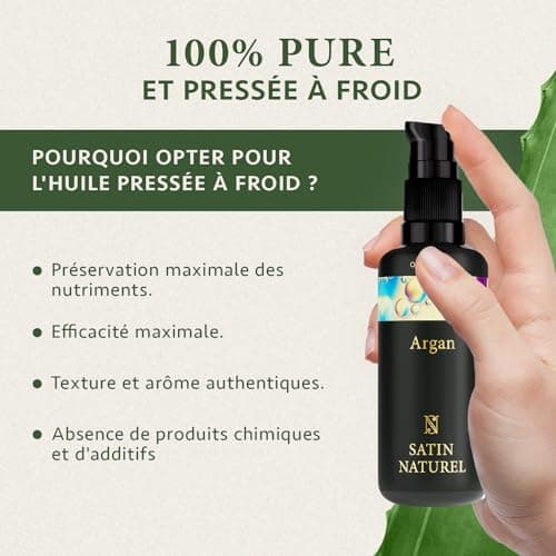 Huile Argan Bio 100ml, Huile Cheveux Pousse Cheveux et Brillance - Huile Visage Hydratante Naturelle - Huile Demaquillant Visage - Huile dargan visage - Huile d'Argan Bio - Argan Oil - Satin Naturel