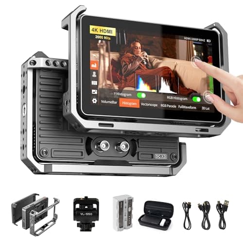 VILTROX DC-X3 2000 Nits SDI Kit Moniteur de terrain pour caméra avec cage, 4K HDMI Moniteur vidéo à écran tactile avec pare-soleil/batterie, 3D Lut 1920X1080 HD Full Waveform Focus Peaking VectorScope