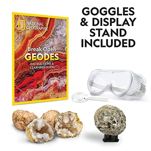 NATIONAL GEOGRAPHIC Kit Scientifique pour Ouvrir 4 Géodes – Comprend des Lunettes et Un Présentoir - Cadeau Scientifique STEM pour Les Amateurs de Minéralogie et de Géologie de Tout Âge