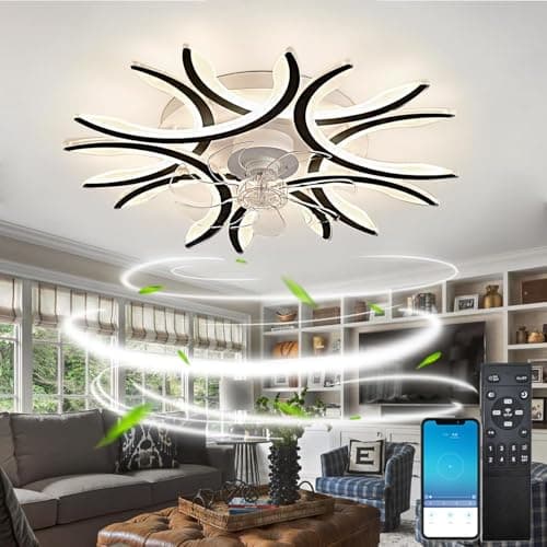 Lampe De Plafonnier Ventilateur De Plafond Led 75cm APP Ventilateur Plafond Avec Lumiere Et Telecommande LED Réversible Dimmable 6 Vitesses Avec Fonction Mémoire De Lustre Ventilateur-White