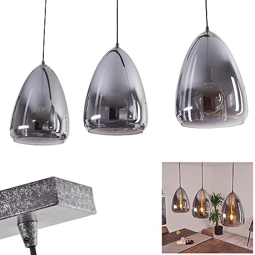 Suspension Francisco en métal anthracite et verre fumé, élégante lampe pendante retro-design idéale dans un salon moderne, pour 3 ampoules E27, ampoule(s) non incluse(s)