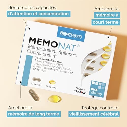 Laboratoire NaturAvignon Memonat | Mémoire court et long terme + protection contre le vieillissement cérébral | Ingrédients brevetés | 250mg d'Oméga3 DHA | Duo innovant capsule+gélule (15jours)