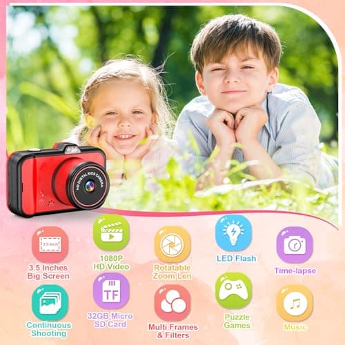 Appareil Photo Enfant, Ushining 3,5 Pouces Grand Écran 1080P Appareil Photo Numérique Enfant avec Objectif Zoom Rotatif à 360° Flash LED Carte de 32 Go, Caméra Vidéo Cadeau pour Enfants 3 à 12 Ans