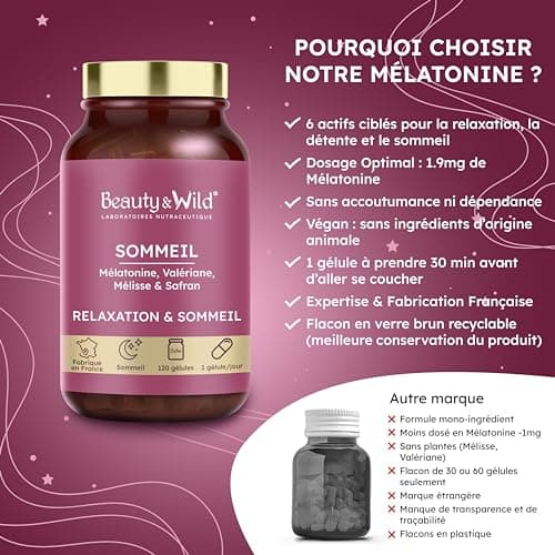 Sommeil, 1.9mg de Mélatonine pour mieux Dormir | FORMAT 4 MOIS - Calme l'esprit & le Corps, Valériane, Mélisse, Safran, Vitamine B6 | Sans accoutumance, 120 gélules, Made in France - Beauty&Wild