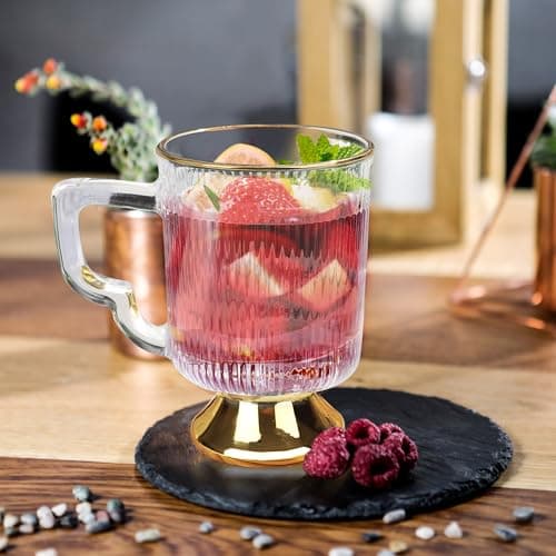 Joeyan Lot de 2 Tasse à Café à Bord Doré, 350ml Verres à Thé Cannelés Vintage avec Poignée, Tasses à Expresso, Verres Nervurés pour lattes,lait,Cappuccino,thé,boissons,Lavable au Lave-vaisselle