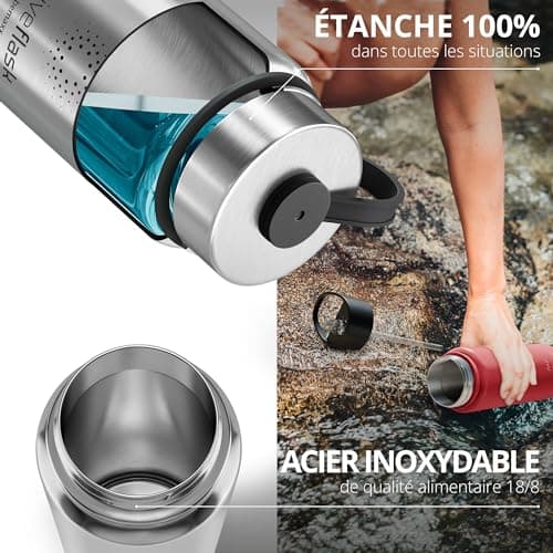 Gourde Inox Isotherme ACTIVE FLASK 1l/500ml sans BPA + Paille (3 Bouchons) | Bouteille d’eau Acier Inoxydable Isolée, Thermos Réutilisable | Camping Velo Sport Running Randonnée Enfant, Café The