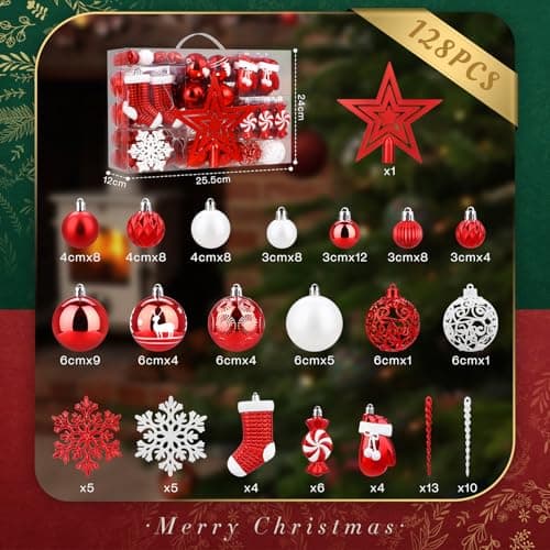 SOLEDI Lot de 128 Boule de Noel - Decoration Noel Sapin - Boules de Noël en Plastique Incassable - pour Decoration Noel Extérieur ou Intérieure - Décorer Sapin de Noël - Deco Noel (Rouge et Blanc)
