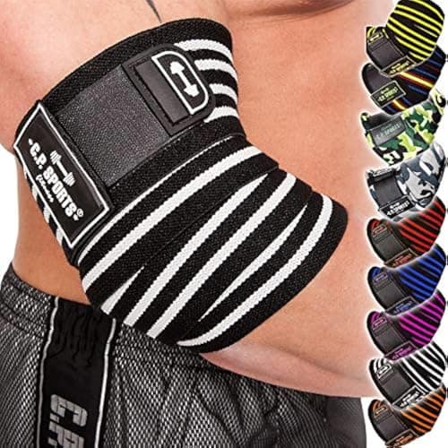C.P. Sports 1 paire de bandages professionnels pour développé couché, fitness, sport, coudière, bodybuilding, Powerlifting (noir et blanc) 130 cm