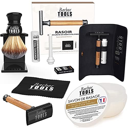 Kit de rasage - Rasoir de Sécurité/Rasoir de Sûreté + 5 doubles lames + Blaireau de rasage + savon de rasage 150ml + Pierre d'alun ✮ BARBER TOOLS ✮