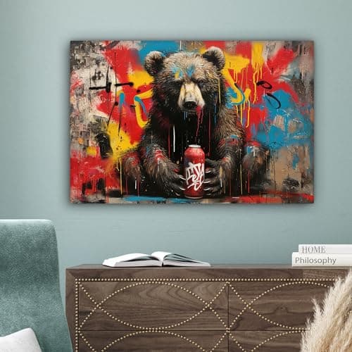 MuchoWow© Impression sur Toile Decoration Murale Peinture 60x40 cm Tableaux Decoratifs Muraux Déco Chambre Tableau Salon Graffiti - Ours - Bouteille - Mur - Street art - Banksy